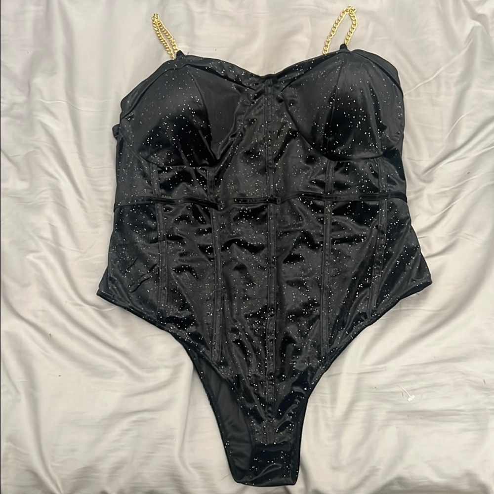 Black Sparkle Bodysuit with Gold Chain Straps